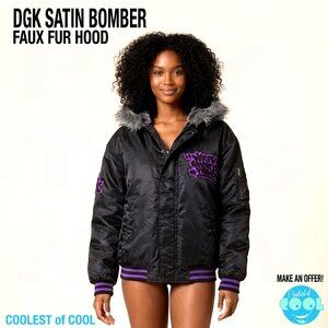 DGK Dirty Ghetto Kids rare Large Black Satin Bomber jacket with fur hood FIRE!!!